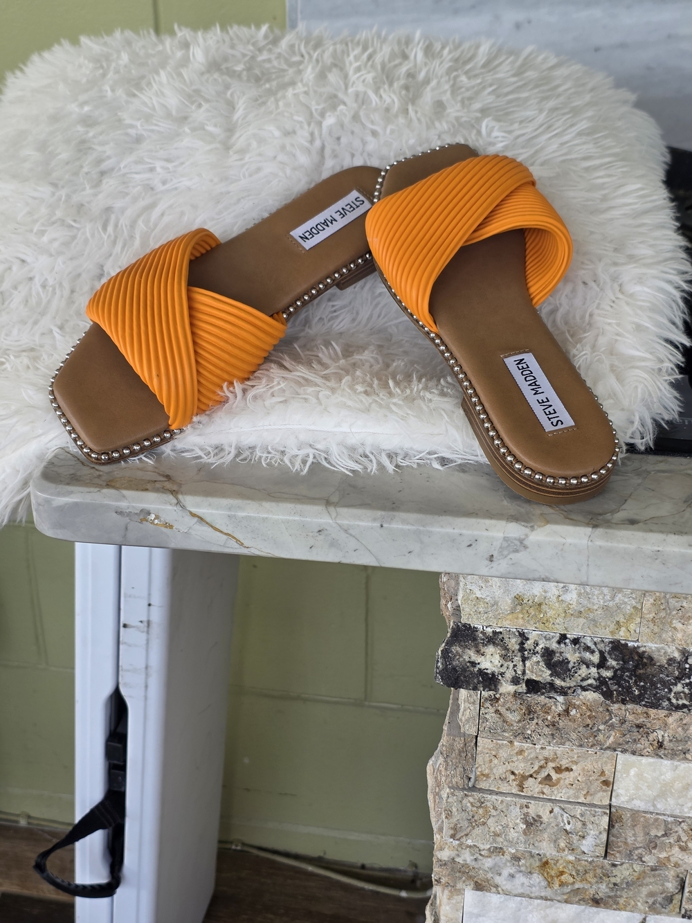 Steve Madden Orange Ribbed Slide Sandals